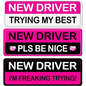 3Pcs Rose Red Student New Driver Car Magnetic Bumper Stickers Logo, Brightly Colored Safety Warning Signs for Women, Funny Car Magnet Accessories Stickers Suitable for Students and Novice Drivers