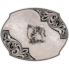 Montana Silversmiths Western Lace Whisper Flourish Cowboy and Horse Filigree Bright Cut Engraved Western Belt Buckle