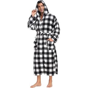 Mens Hooded Robe Plush Flannel Fleece Full Length Bathrobe Warm House Coat Long Lounge Robe with Hood Pockets
