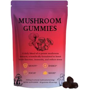 Sky Nutrition Mushroom Gummies ، 12 مزيج من الفطر مع Chaga ، Lions Mane ، Reishi ، Cordyceps - 60 Gummies - دعم الوظيفة الإدراكية ، صحة المناعة والطاقة