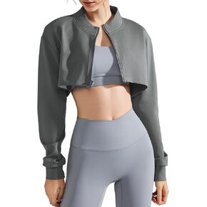 FEOYA Women Cropped Workout Jacket Long Sleeve Zip Up Athletic Tops Gym Yoga Crop Top Half Sweatshirt Running Jackets