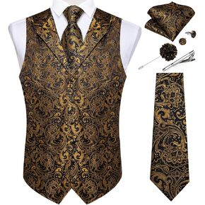 DiBanGu Mens Vest Tie Set 7PCS Silk Paisley Suit Waistcoat and Necktie Hankerchief Cufflinks Lapel Pin Set for Wedding Party