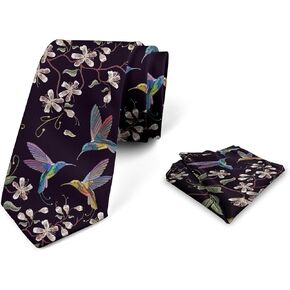Ambesonne Cherry Blossom Men's Tie Set, Flappy Broad-Tailed Hummingbirds Flying Around White Cherry Blossom Trees, Necktie Set Groom Handkerchief for Parties Weddings & All Occasions, Multicolor