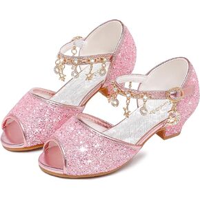Furdeour Sparkly Girls Dress Shoes Princess Shoes High Heels Peep Toe Low Heel Glitter Toddler Big Kid Wedding Party