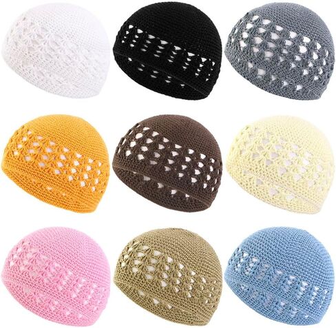 9 Pieces Knit Kufi Hats Crochet Beanie Skull Caps Stretchy Knitted Crochet Hat Cap for Muslim Women Men in Kuwait