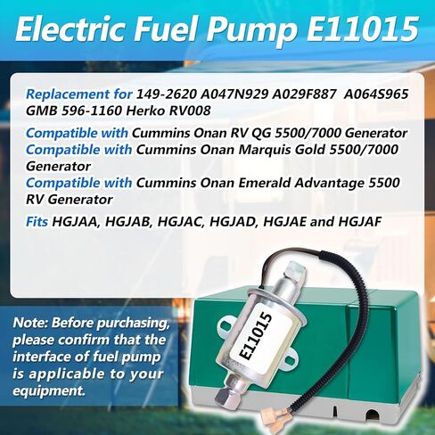 Electric Fuel Pump E11015 Replacement for Onan 5500 5.5KW Gas Generators Like Marquis Gold 5500 Etc. Fits HGJAA to HGJAF, Replace 149-2620 A047N929 A029F887 A064S965 GMB 596-1160 Herko RV008 in Saudi Arabia