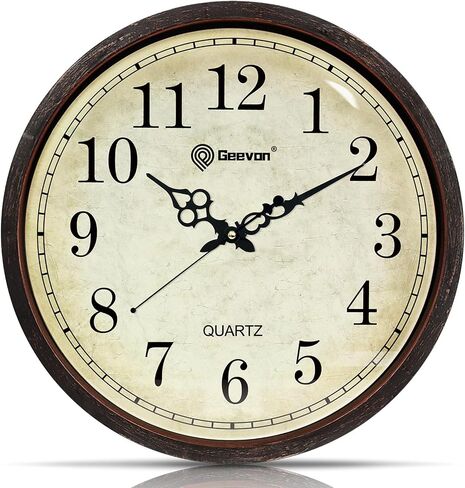 Geevon Vintage Brown Wall Clock ، صامت 16 "بطارية غير موقوتة على مدار ساعة الحائط تعمل على طراز ريفي مستدير على مدار الساعة المطبخ ، والفصول الدراسية ، وغرفة نوم ، وديكور غرفة المعيشة in Kuwait
