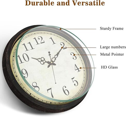 Geevon Vintage Brown Wall Clock ، صامت 16 "بطارية غير موقوتة على مدار ساعة الحائط تعمل على طراز ريفي مستدير على مدار الساعة المطبخ ، والفصول الدراسية ، وغرفة نوم ، وديكور غرفة المعيشة in Kuwait
