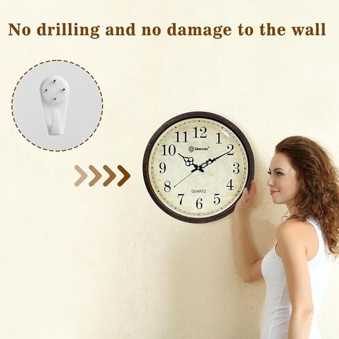 Geevon Vintage Brown Wall Clock ، صامت 16 "بطارية غير موقوتة على مدار ساعة الحائط تعمل على طراز ريفي مستدير على مدار الساعة المطبخ ، والفصول الدراسية ، وغرفة نوم ، وديكور غرفة المعيشة in Kuwait