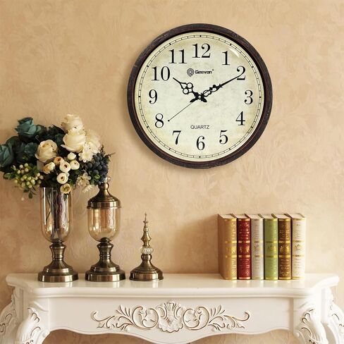 Geevon Vintage Brown Wall Clock ، صامت 16 "بطارية غير موقوتة على مدار ساعة الحائط تعمل على طراز ريفي مستدير على مدار الساعة المطبخ ، والفصول الدراسية ، وغرفة نوم ، وديكور غرفة المعيشة in Kuwait