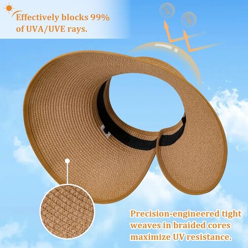 Sun Visor Hats for Women, Summer Packable Straw Beach Hat UV Protection 2025, Women's Ponytail Hat, Foldable Travel in Saudi Arabia