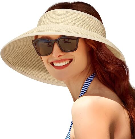 Sun Visor Hats for Women, Summer Packable Straw Beach Hat UV Protection 2025, Women's Ponytail Hat, Foldable Travel in Kuwait