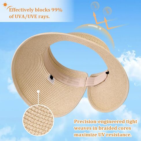 Sun Visor Hats for Women, Summer Packable Straw Beach Hat UV Protection 2025, Women's Ponytail Hat, Foldable Travel in Kuwait