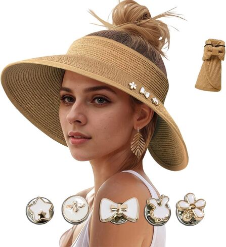 قبعات صن قبعات للنساء ، UV UPF Straw Beach Hat قابلة للطي على نطاق واسع قبعات ذيل حصان الصيف سفر سفر قابلة للتعبئة in Kuwait