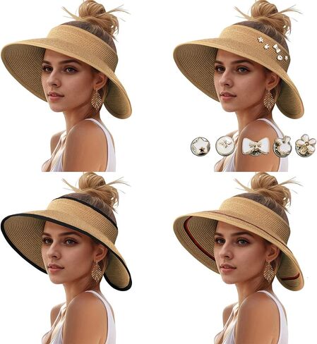 قبعات صن قبعات للنساء ، UV UPF Straw Beach Hat قابلة للطي على نطاق واسع قبعات ذيل حصان الصيف سفر سفر قابلة للتعبئة in Kuwait