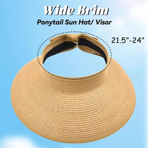قبعات صن قبعات للنساء ، UV UPF Straw Beach Hat قابلة للطي على نطاق واسع قبعات ذيل حصان الصيف سفر سفر قابلة للتعبئة in Kuwait