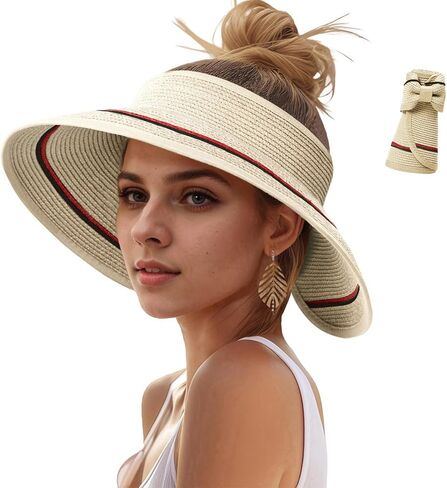 قبعات صن قبعات للنساء ، UV UPF Straw Beach Hat قابلة للطي على نطاق واسع قبعات ذيل حصان الصيف سفر سفر قابلة للتعبئة in Kuwait