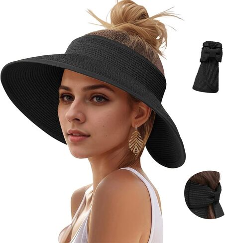 قبعات صن قبعات للنساء ، UV UPF Straw Beach Hat قابلة للطي على نطاق واسع قبعات ذيل حصان الصيف سفر سفر قابلة للتعبئة in Kuwait