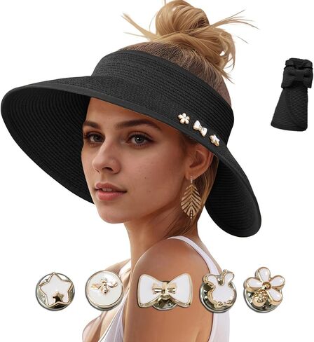 قبعات صن قبعات للنساء ، UV UPF Straw Beach Hat قابلة للطي على نطاق واسع قبعات ذيل حصان الصيف سفر سفر قابلة للتعبئة in Kuwait
