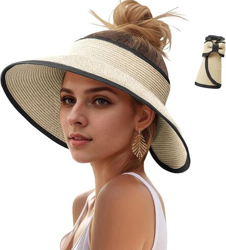 قبعات صن قبعات للنساء ، UV UPF Straw Beach Hat قابلة للطي على نطاق واسع قبعات ذيل حصان الصيف سفر سفر قابلة للتعبئة in Kuwait