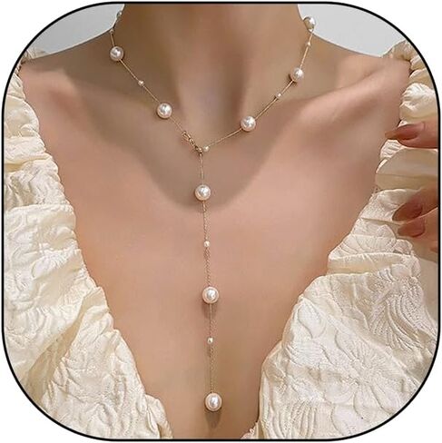 Boho Pearl Y Shape Necklaces for Women, Dainty 14k Gold Plated Pearl Beaded Chain Choker Necklace Trendy Jewelry Accessories Gift in Kuwait