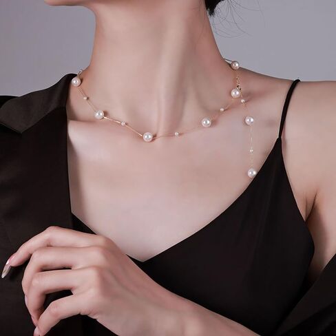 Boho Pearl Y Shape Necklaces for Women, Dainty 14k Gold Plated Pearl Beaded Chain Choker Necklace Trendy Jewelry Accessories Gift in Kuwait
