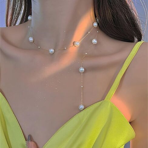Boho Pearl Y Shape Necklaces for Women, Dainty 14k Gold Plated Pearl Beaded Chain Choker Necklace Trendy Jewelry Accessories Gift in Kuwait