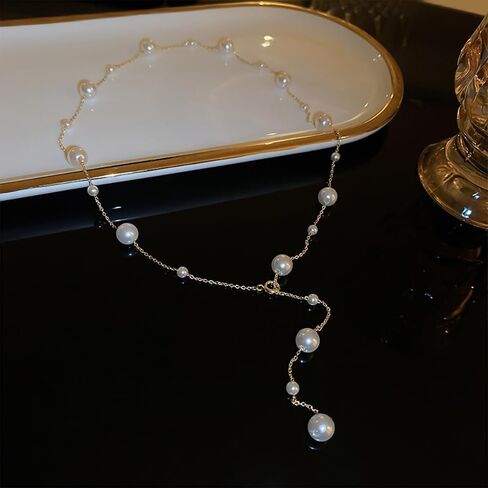 Boho Pearl Y Shape Necklaces for Women, Dainty 14k Gold Plated Pearl Beaded Chain Choker Necklace Trendy Jewelry Accessories Gift in Kuwait