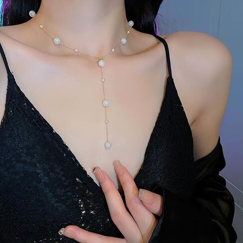 Boho Pearl Y Shape Necklaces for Women, Dainty 14k Gold Plated Pearl Beaded Chain Choker Necklace Trendy Jewelry Accessories Gift in Kuwait