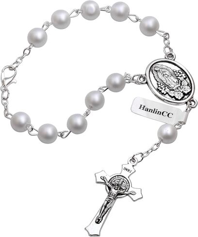 HanlinCC One Decade Catholic Rosary with St.Michael Divine Mercy Guadalupe Medal Auto Rosary Hang on Rearview Mirror (White Guadalupe) in Kuwait