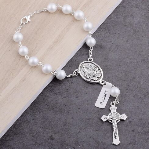 HanlinCC One Decade Catholic Rosary with St.Michael Divine Mercy Guadalupe Medal Auto Rosary Hang on Rearview Mirror (White Guadalupe) in Kuwait