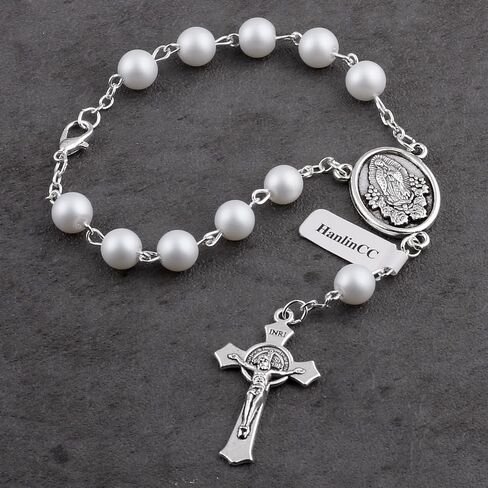HanlinCC One Decade Catholic Rosary with St.Michael Divine Mercy Guadalupe Medal Auto Rosary Hang on Rearview Mirror (White Guadalupe) in Kuwait