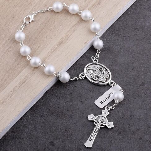 HanlinCC One Decade Catholic Rosary with St.Michael Divine Mercy Guadalupe Medal Auto Rosary Hang on Rearview Mirror (White Guadalupe) in Kuwait