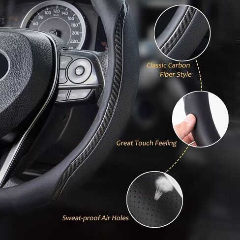 Steering Wheel Cover Black, Carbon Fiber Car Steering Wheel Covers with Coasters Universal 14.5-15 inch Leather Microfiber Breathable Anti-Slip Steering Wheel Accessories Set in Saudi Arabia