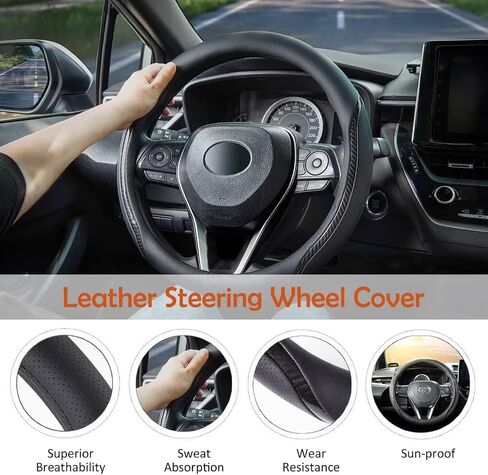 Steering Wheel Cover Black, Carbon Fiber Car Steering Wheel Covers with Coasters Universal 14.5-15 inch Leather Microfiber Breathable Anti-Slip Steering Wheel Accessories Set in Saudi Arabia