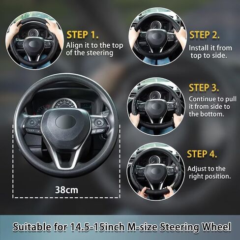 Steering Wheel Cover Black, Carbon Fiber Car Steering Wheel Covers with Coasters Universal 14.5-15 inch Leather Microfiber Breathable Anti-Slip Steering Wheel Accessories Set in Saudi Arabia
