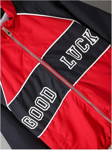 Girl's Graphic Letter Print Zip Up Jacket Long Sleeve Color Block Drop Shoulder Outerwear in Saudi Arabia