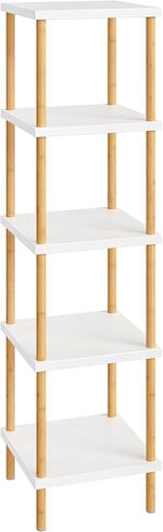HOOBRO 5-Tier Corner Shelf, Bamboo Square Rack Display Shelf, Tall Storage Rack Plant Stand, Corner Bookcase for Small Spaces, Living Room, Home Office, Kitchen, White and Natural WT21CJ01 in Saudi Arabia