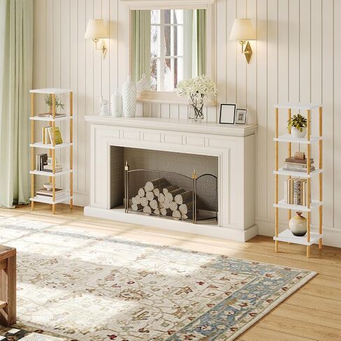 HOOBRO 5-Tier Corner Shelf, Bamboo Square Rack Display Shelf, Tall Storage Rack Plant Stand, Corner Bookcase for Small Spaces, Living Room, Home Office, Kitchen, White and Natural WT21CJ01 in Saudi Arabia