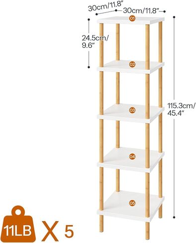 HOOBRO 5-Tier Corner Shelf, Bamboo Square Rack Display Shelf, Tall Storage Rack Plant Stand, Corner Bookcase for Small Spaces, Living Room, Home Office, Kitchen, White and Natural WT21CJ01 in Saudi Arabia
