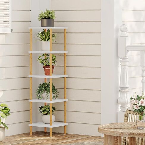 HOOBRO 5-Tier Corner Shelf, Bamboo Square Rack Display Shelf, Tall Storage Rack Plant Stand, Corner Bookcase for Small Spaces, Living Room, Home Office, Kitchen, White and Natural WT21CJ01 in Saudi Arabia
