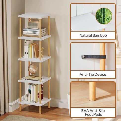 HOOBRO 5-Tier Corner Shelf, Bamboo Square Rack Display Shelf, Tall Storage Rack Plant Stand, Corner Bookcase for Small Spaces, Living Room, Home Office, Kitchen, White and Natural WT21CJ01 in Saudi Arabia
