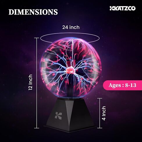 Katzco 8 Inch Plasma Ball - Static Electricity in a Vacuum Pressurized Glass Globe - Nebula Thunder Lightning, Plug-in - for Parties, Decorations, Prop, Home, STEM in Kuwait