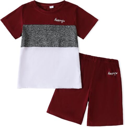 Toddler Kid Boy Clothes Colorblock Letter Graphic Tee Shorts 2PC Summer Outfit Set in Kuwait