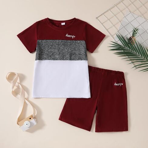 Toddler Kid Boy Clothes Colorblock Letter Graphic Tee Shorts 2PC Summer Outfit Set in Kuwait