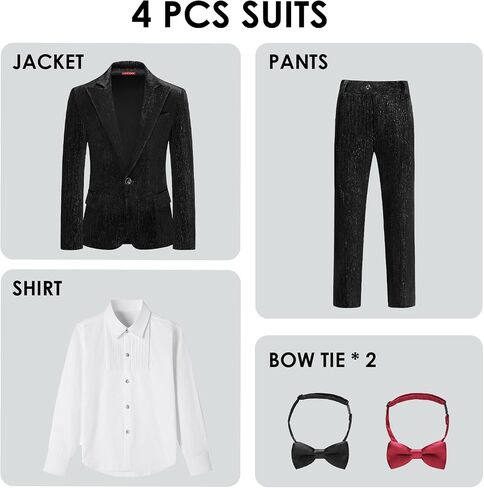 Lamgool Boys Velvet Suit Set Slim Fit Tuxedo Kids Formal Outfit 4 Piece with Blazer Jacket Shirt Pant Bow Tie for Wedding in Saudi Arabia