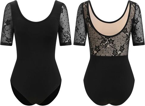 ODASDO Women Dance Leotard Lace Floral Half Sleeve Ballet Bodysuit Padded Bra Gymnastics Training Outfit One-piece in Saudi Arabia