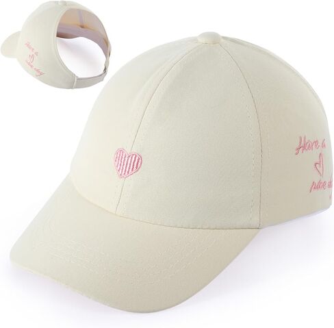 Girls Backless Baseball Cap Ponytail Hat, Love Heart Embroidered Baseball Hat Natural Curly Hair Caps for 3-8 Years in Saudi Arabia