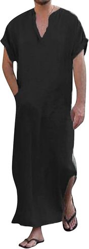 YAOHUOLE Men's Short Sleeve Kaftan Thobe Side Split Caftan with Pockets Long Gown Thobe in Saudi Arabia
