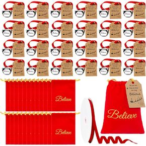 24 مجموعة عيد الميلاد تصدق أجراس Polar Polar Express Santa Gifts الحلي الرنة مع حقيبة مخملية وعلامات وشريط - عيد الميلاد للبالغين ، ديكور الشجرة تذكار